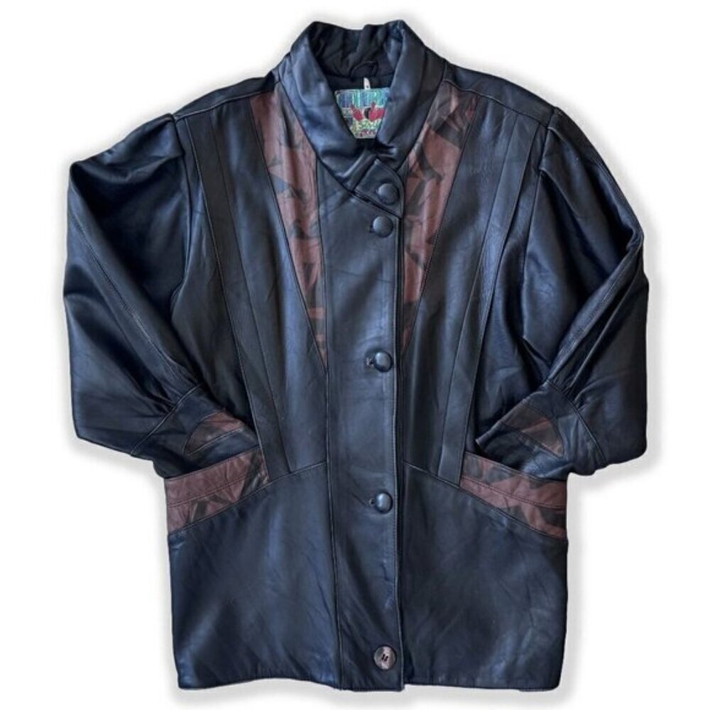 Vintage Black Brown Leather Geometric Print Oversized Mid-Length Jacket 80s 90s